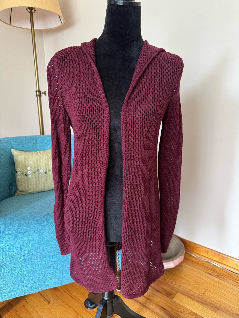 American Eagle Outfitters Open-Knit Hooded Cardigan - Burgundy